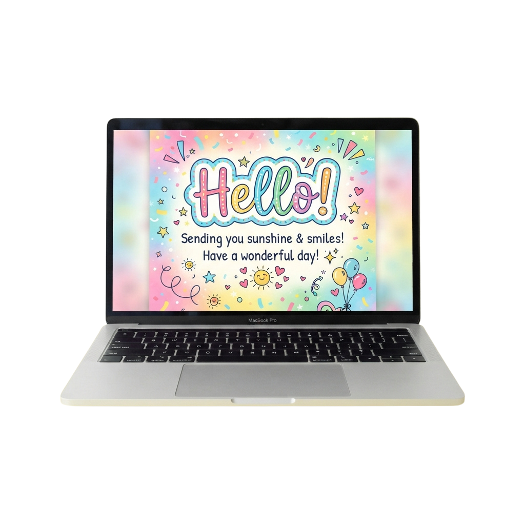 Laptop screen showing cheerful hello greeting with colorful text, stars, and balloons