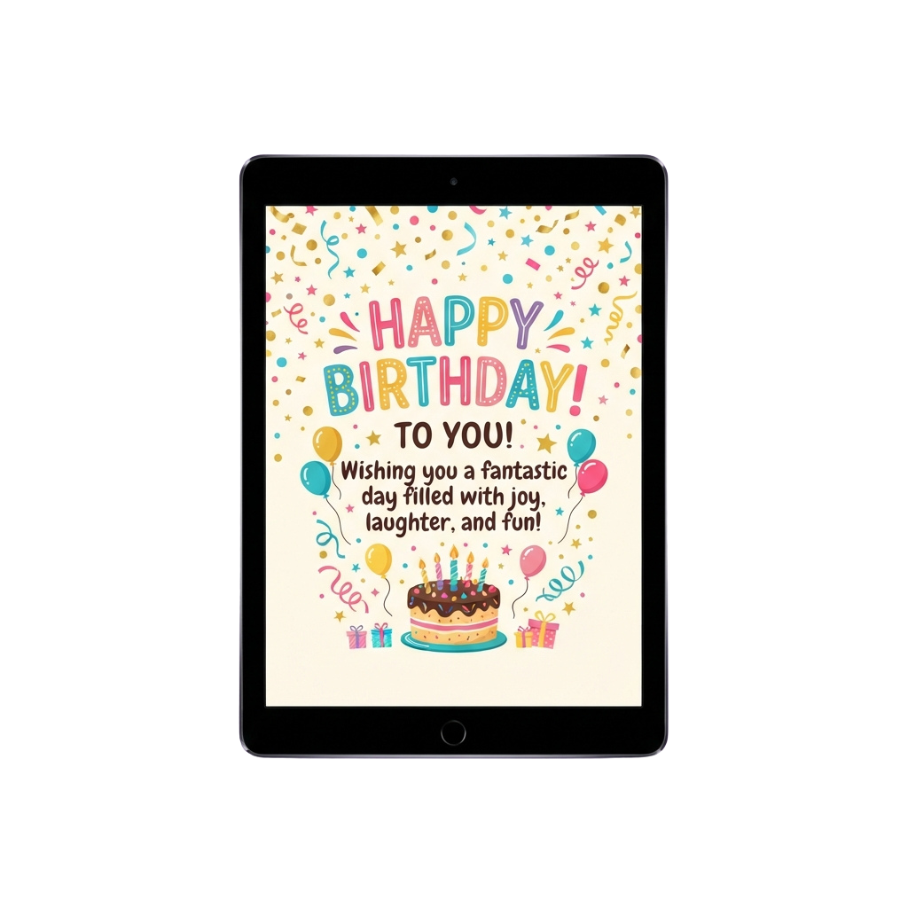 Colorful birthday card showing text Happy Birthday, balloons, a cake, and celebratory decorations