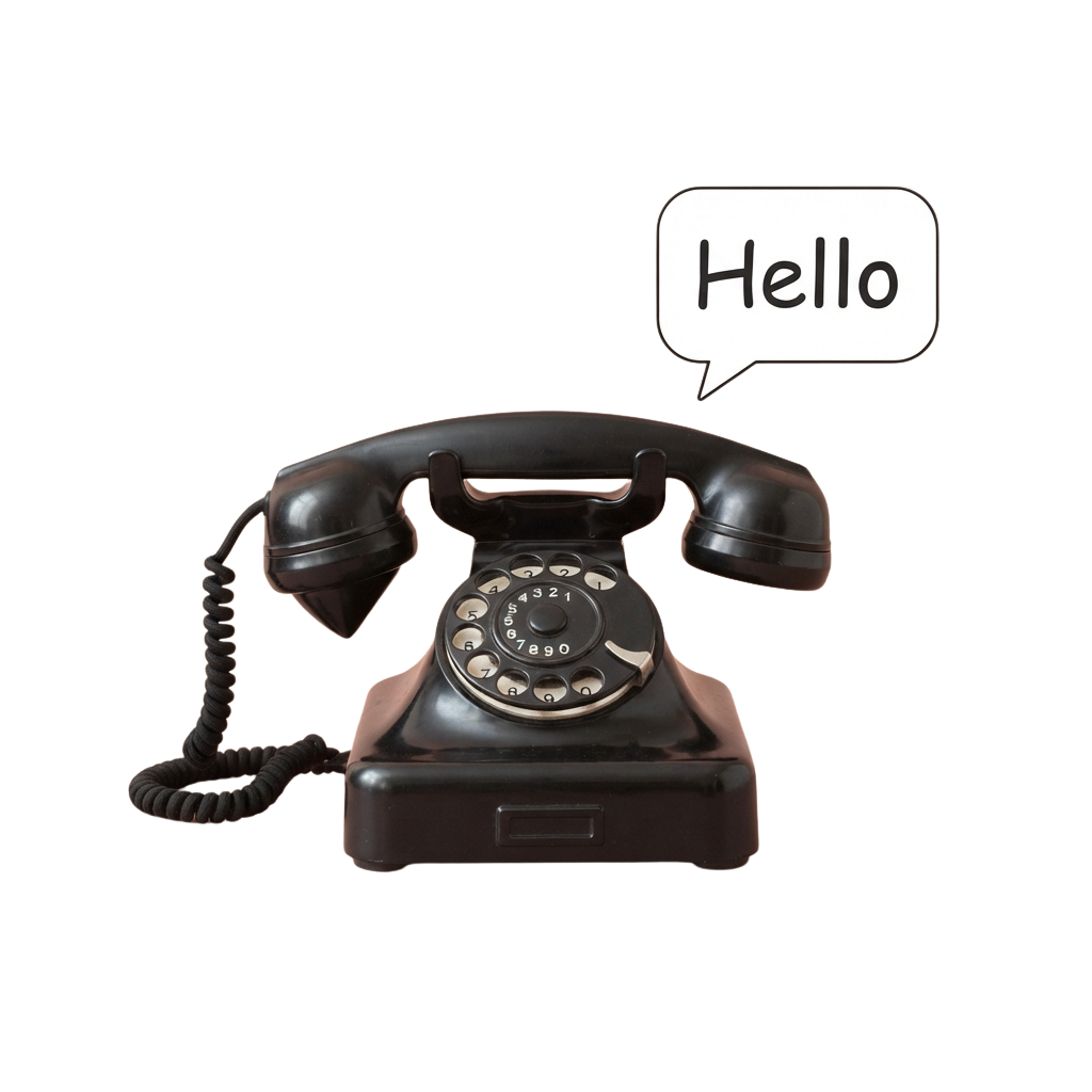 A black vintage rotary telephone with a speech bubble saying Hello