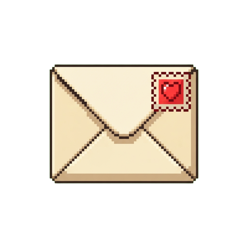A pixelated beige envelope with a red heart sticker in the top right corner