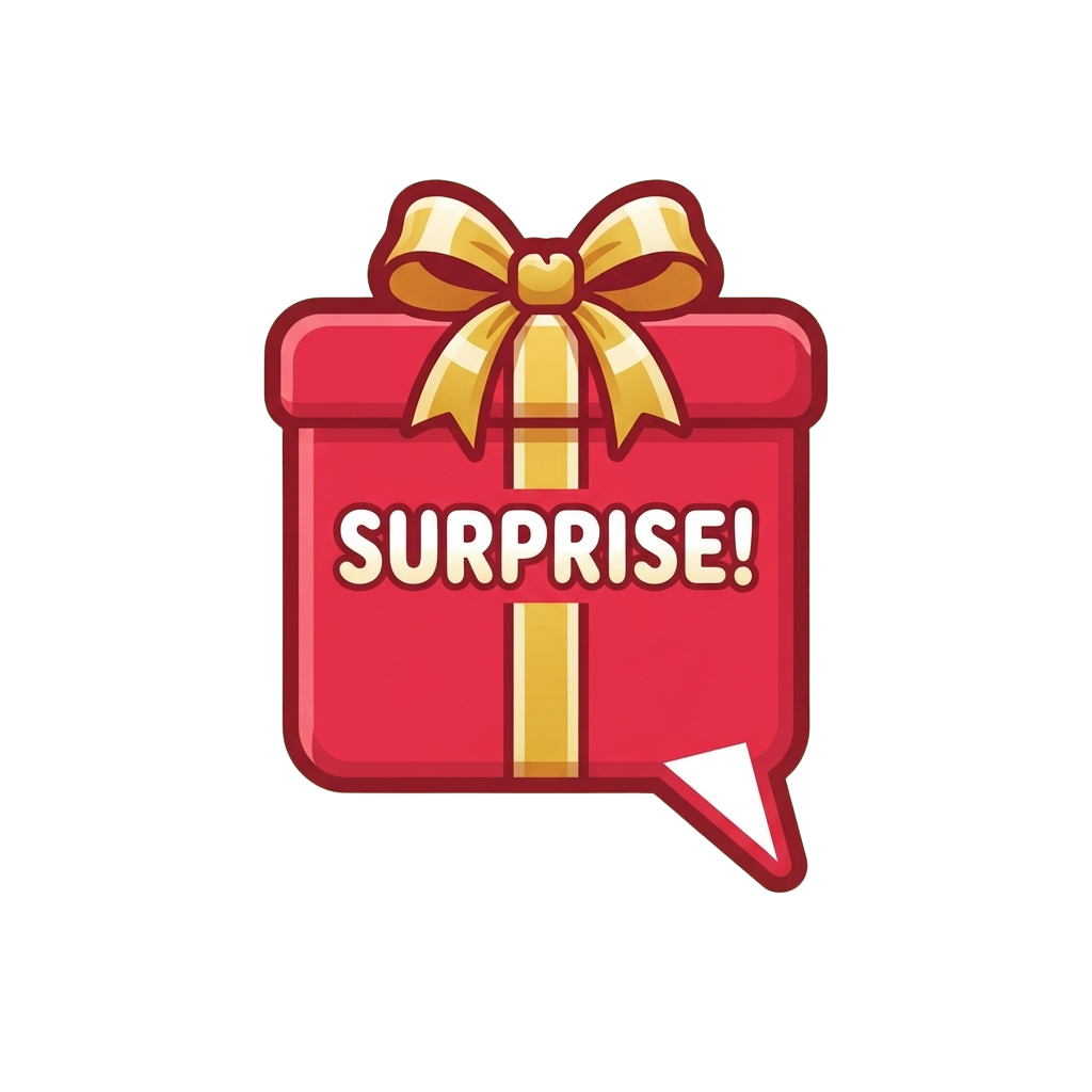 A red gift box with a golden bow and the word surprise in bold yellow letters