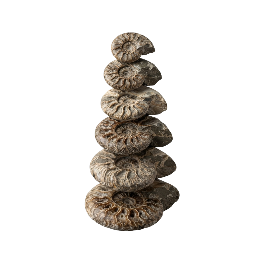 Five fossilized ammonite shells stacked vertically against a black background