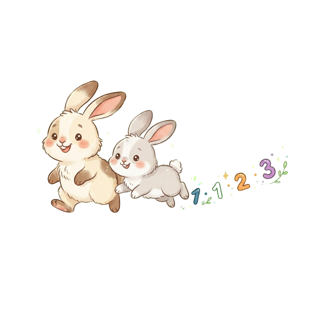 Two cartoon rabbits running with a trail of numbers 1, 2, 3 sparkling behind them