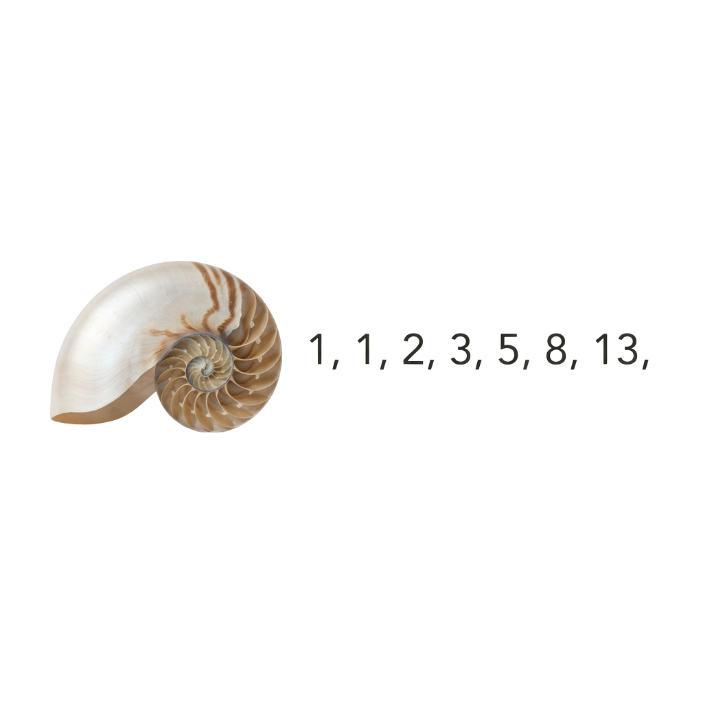 A nautilus shell showcasing its spiral pattern alongside the Fibonacci sequence numbers 1, 1, 2, 3, 5, 8, 13