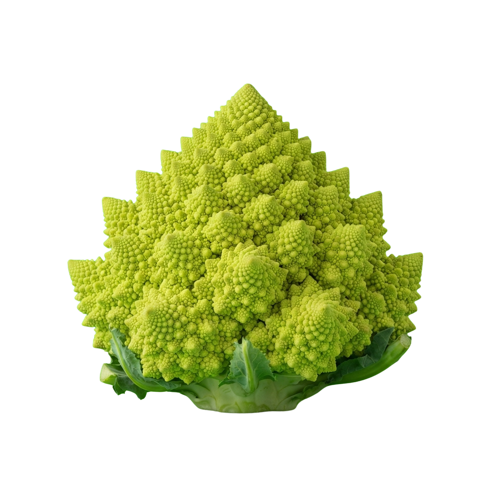 Close-up of bright green romainesco broccoli with intricate fractal patterns