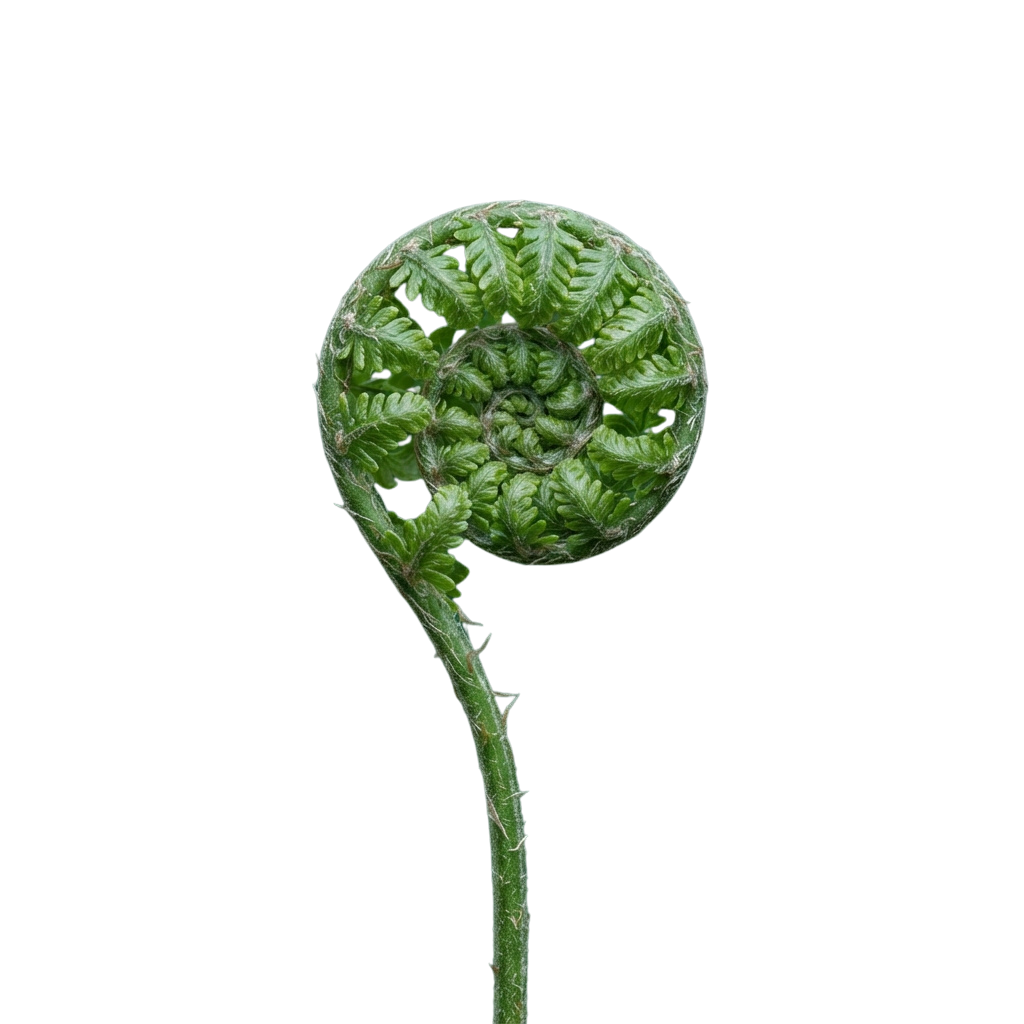 Close-up of a tightly coiled fern frond with intricate leaf patterns on a green stem