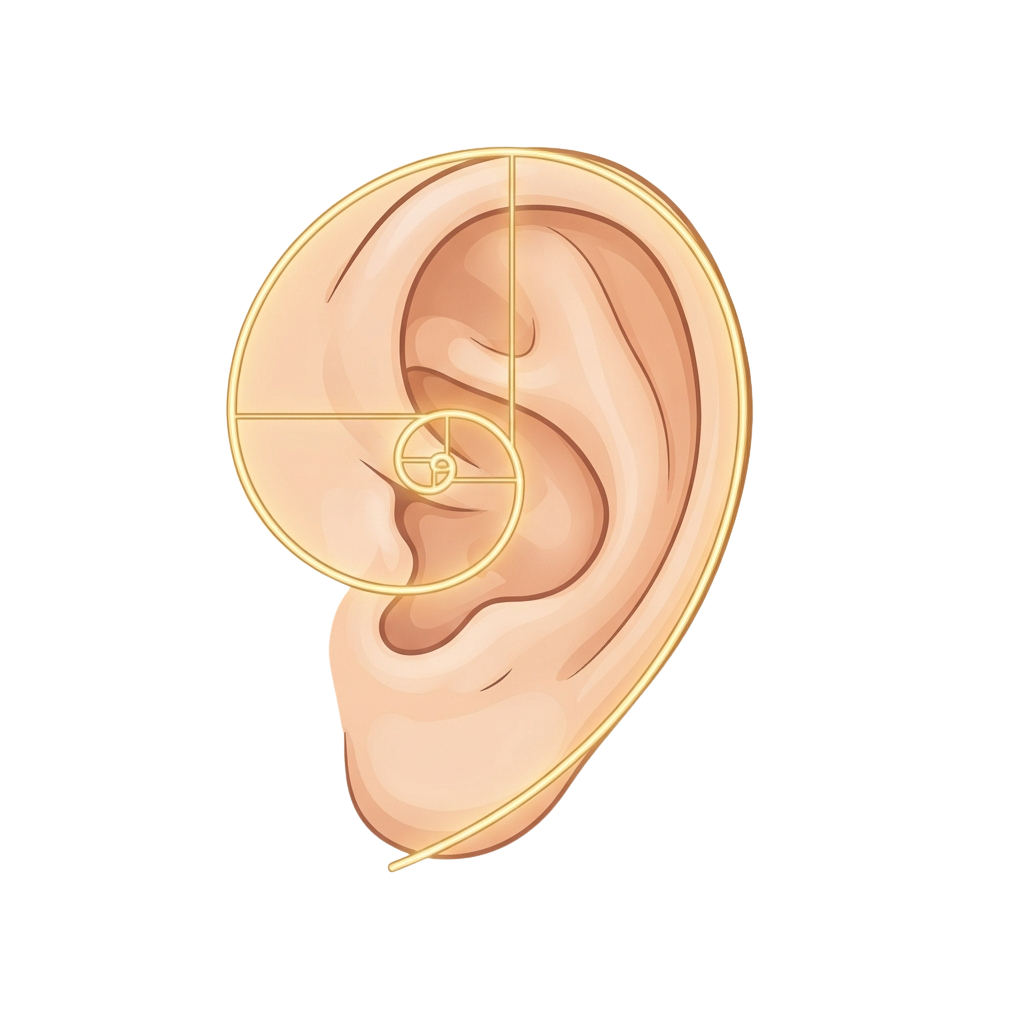 Illustration of a human ear with geometric lines showing proportions and placement for sizing or design reference