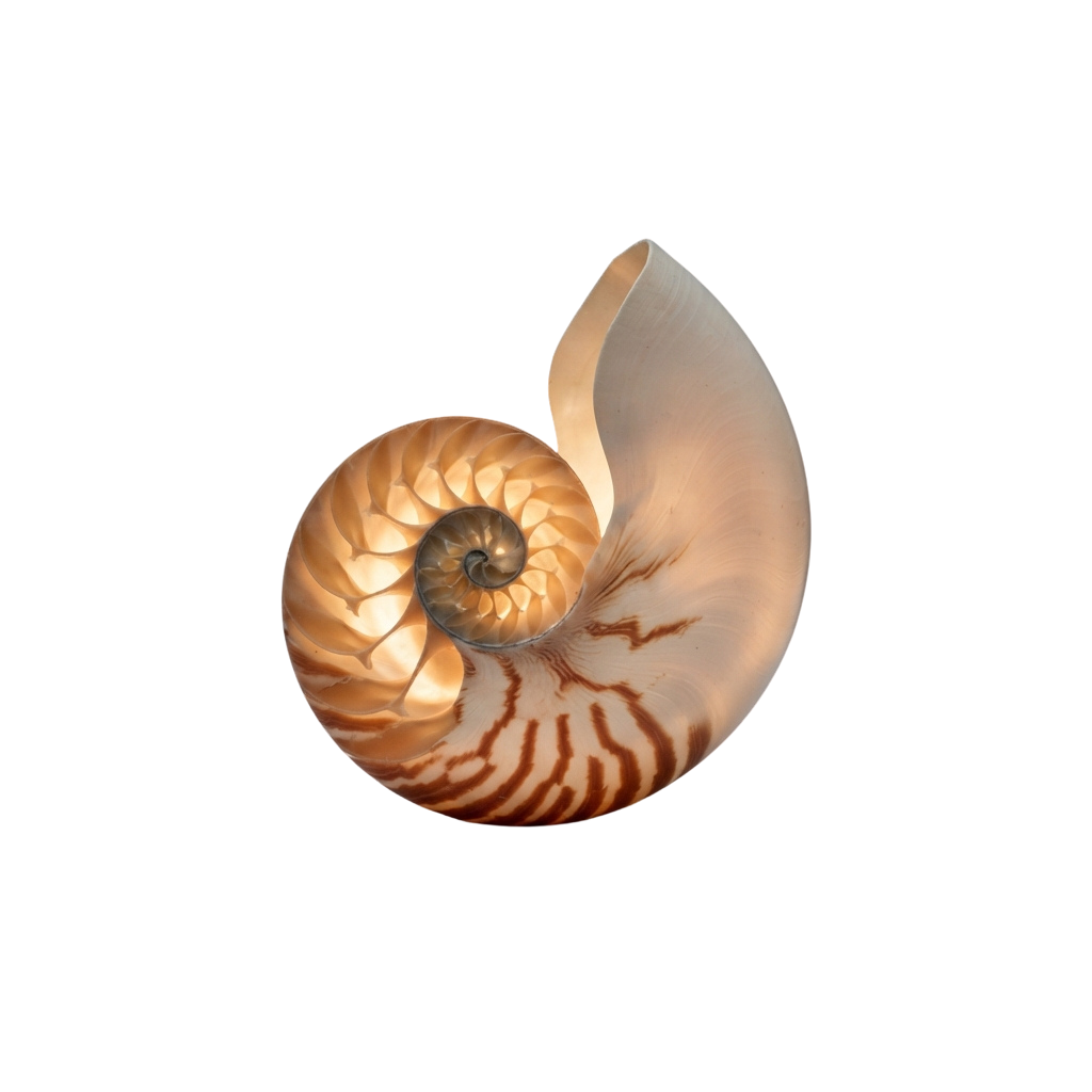 A detailed view of a light-colored nautilus shell with a spiral pattern and smooth texture