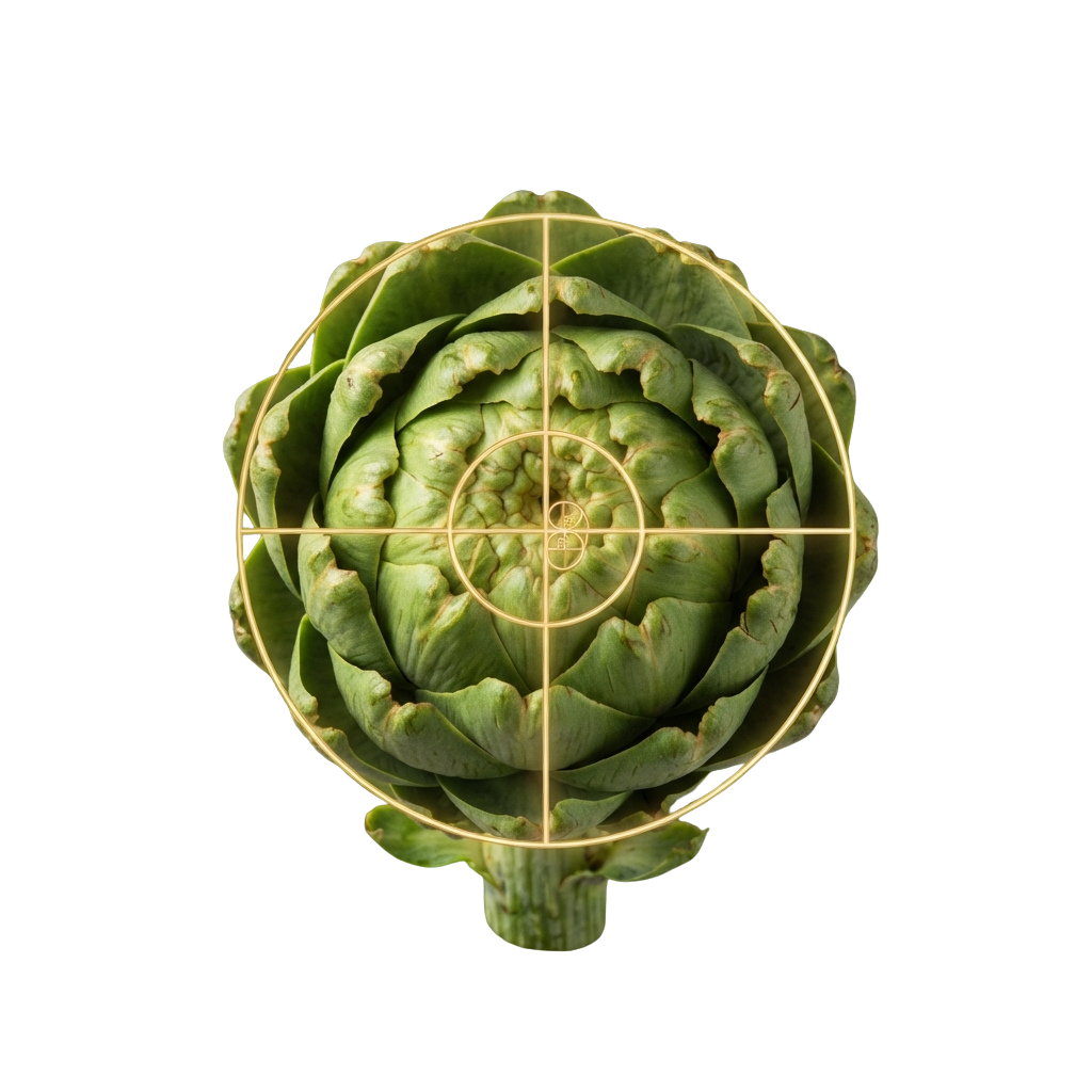 Green artichoke with concentric circles and crosshair grid overlay