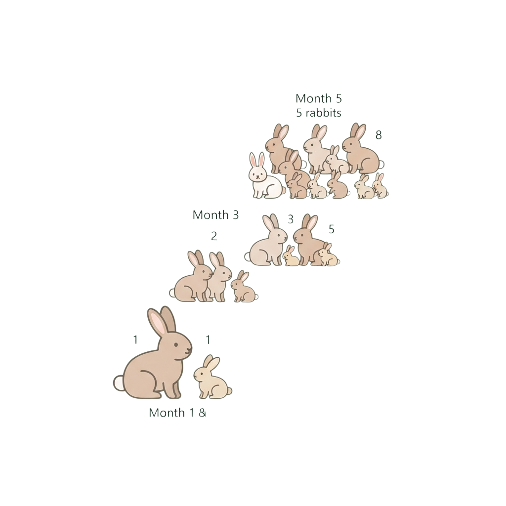 Illustration showing rabbit population growth from month 1 to month 5 with increasing numbers of rabbits each month