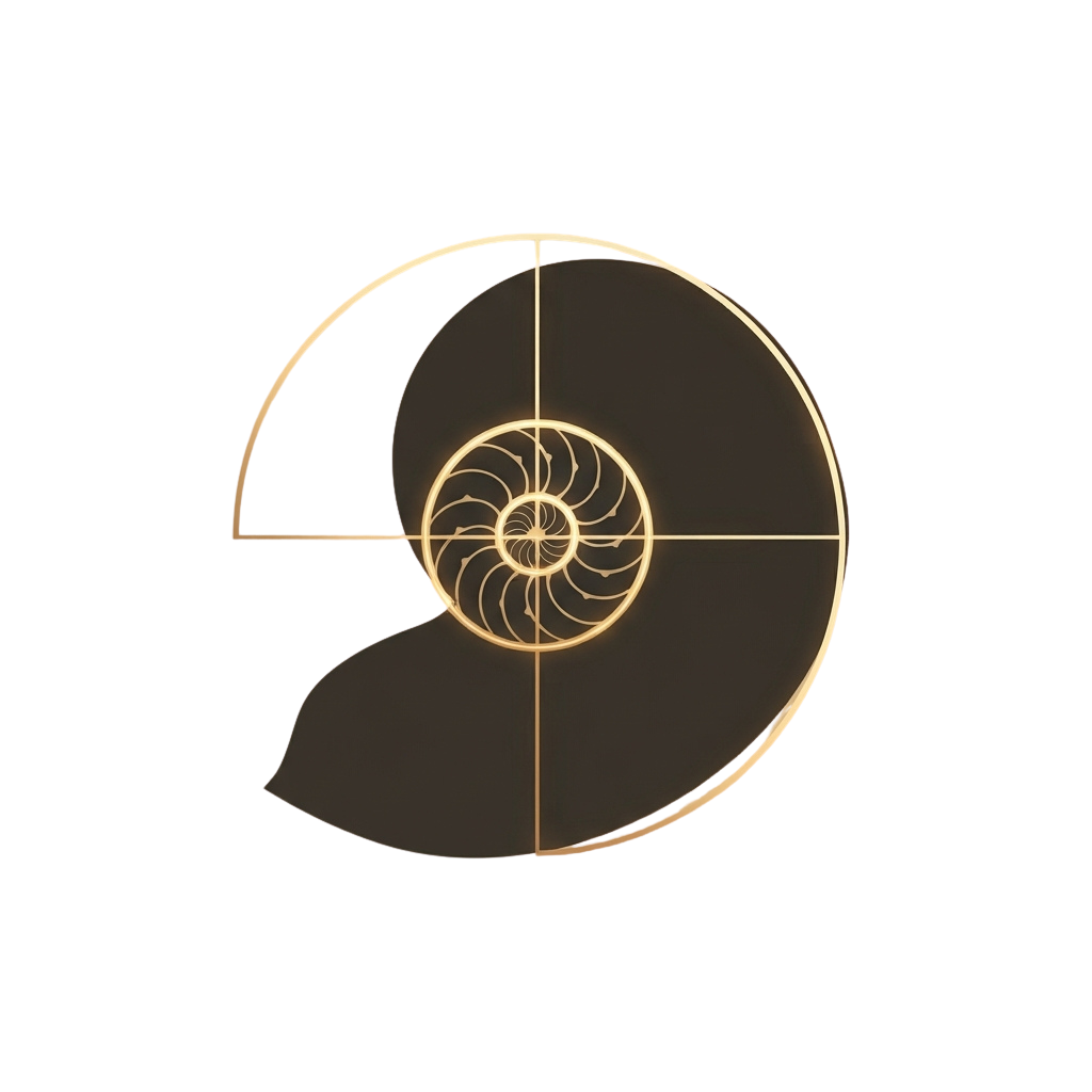 A golden ratio spiral illustration with a glowing center and crosshair lines.