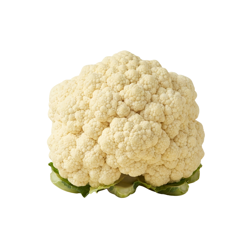 A whole, light-colored cauliflower with green leafy base on a black background