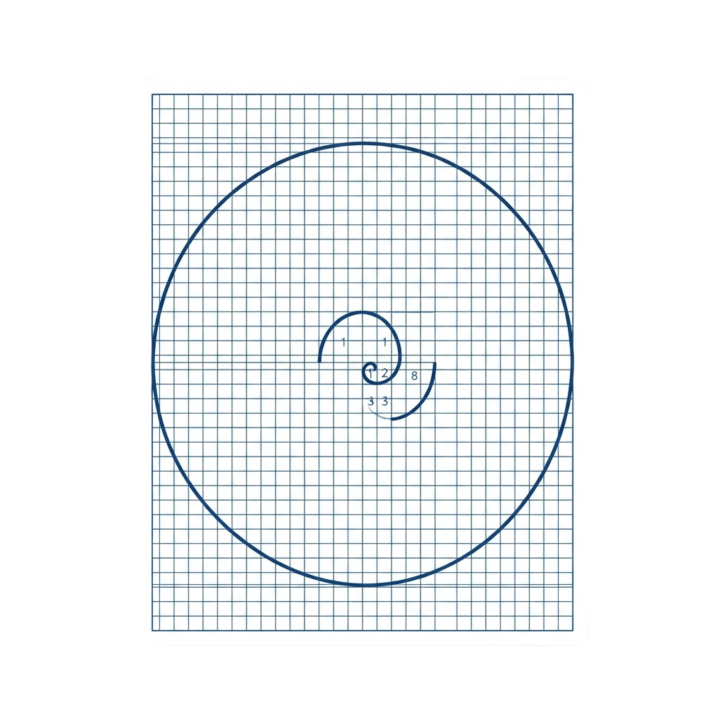 A blue Archimedean spiral drawn on grid paper with numbered segments and an outer circle.