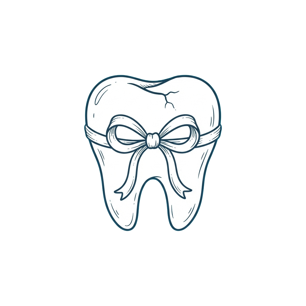 A white tooth with a decorative blue bow tied around the middle