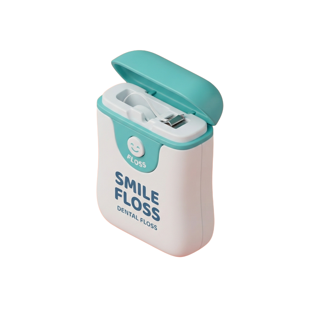 A compact dental floss container with a light blue lid and white body, open to reveal floss inside