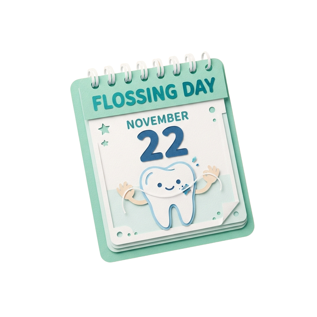 Calendar page marking Flossing Day on November 22 with a smiling tooth character and floss