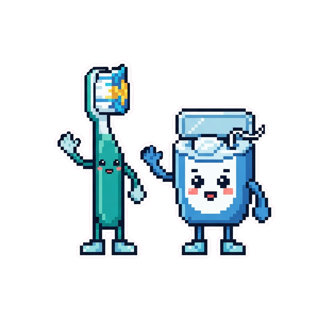 Two pixel art characters waving, one holding a hammer and the other a wrench, both in blue and teal colors