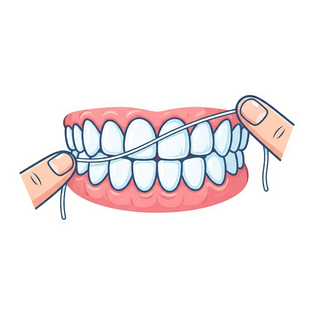 Illustration showing hands stretching an orthodontic rubber band between braces on teeth
