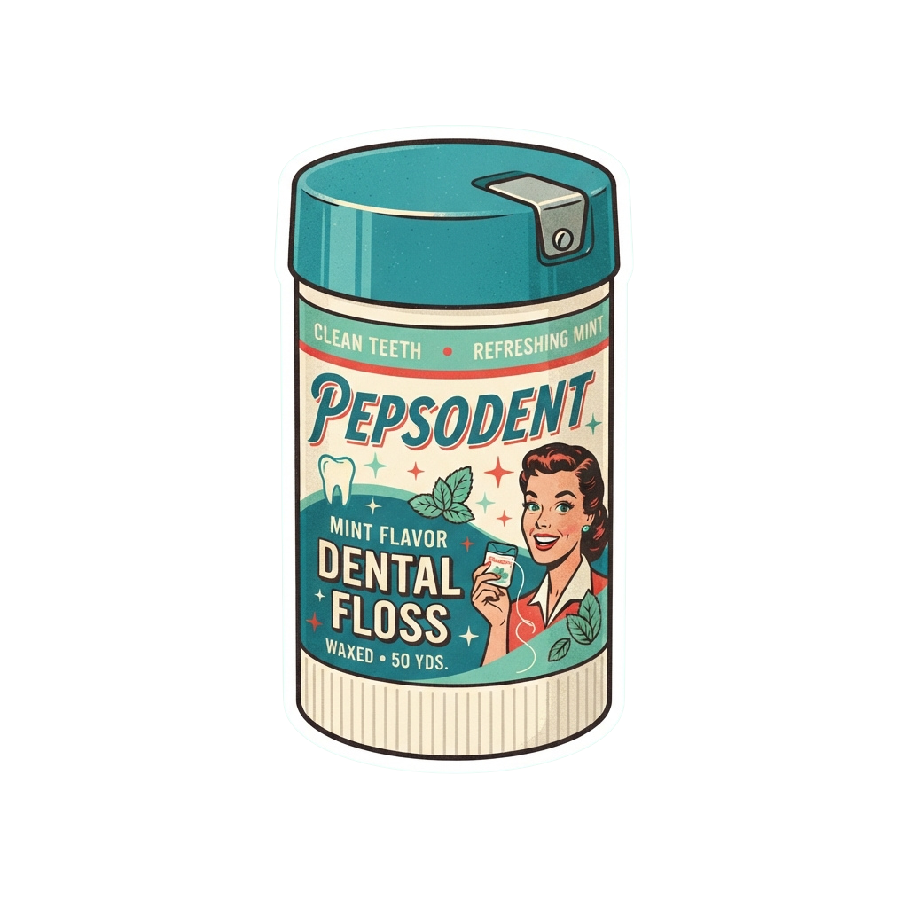 Vintage dental floss container with mint flavor label and smiling woman illustration