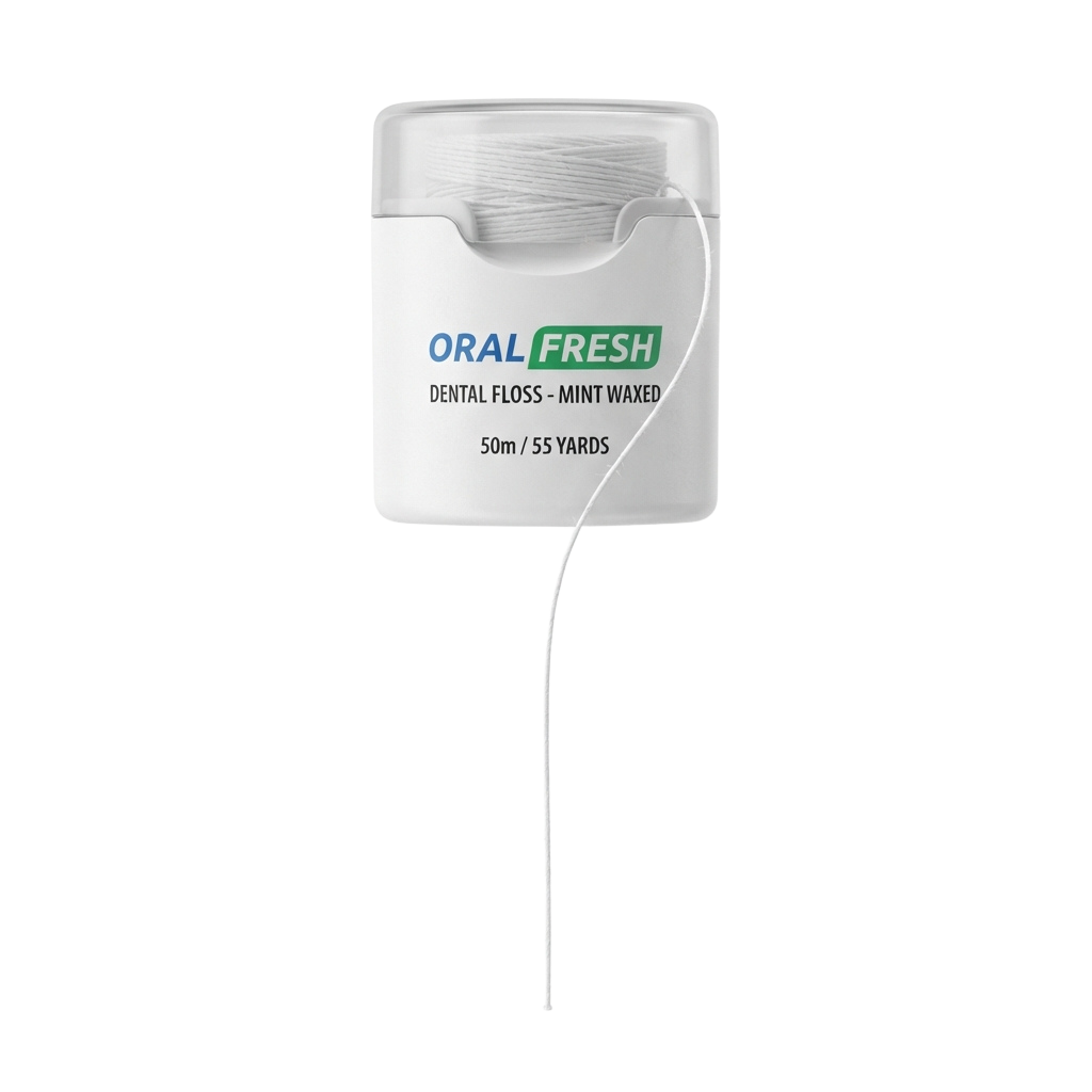 A container of mint waxed dental floss with 50 meters of floss extending from it