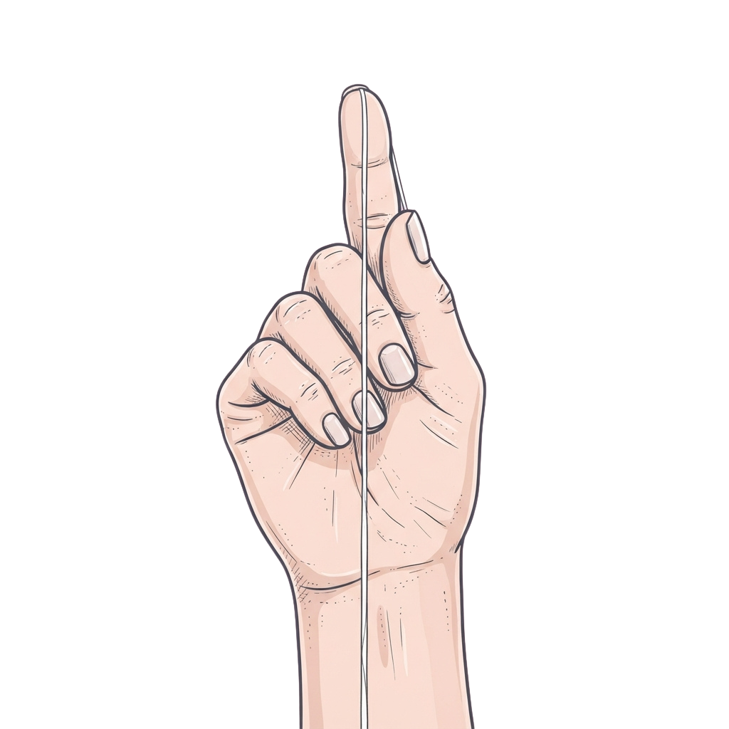 A hand with index finger raised pointing upwards against a black background