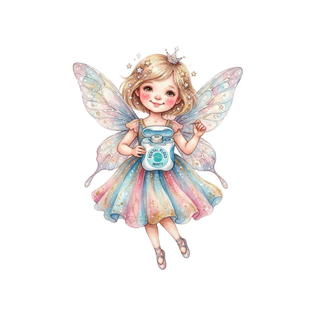 A cartoon fairy with light hair, colorful wings, and a sparkly dress holding a minty toothpaste canister.