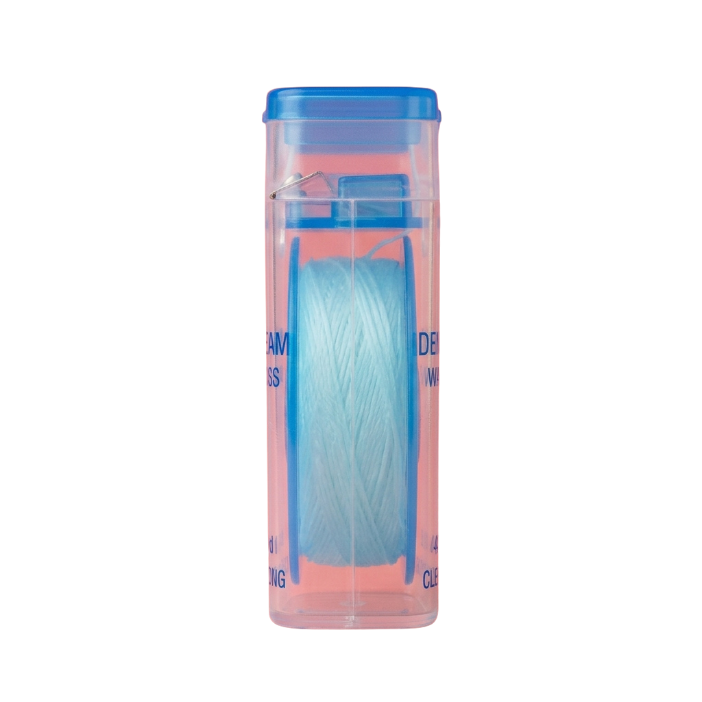 A clear plastic dental floss container holding light blue dental floss with a blue lid.