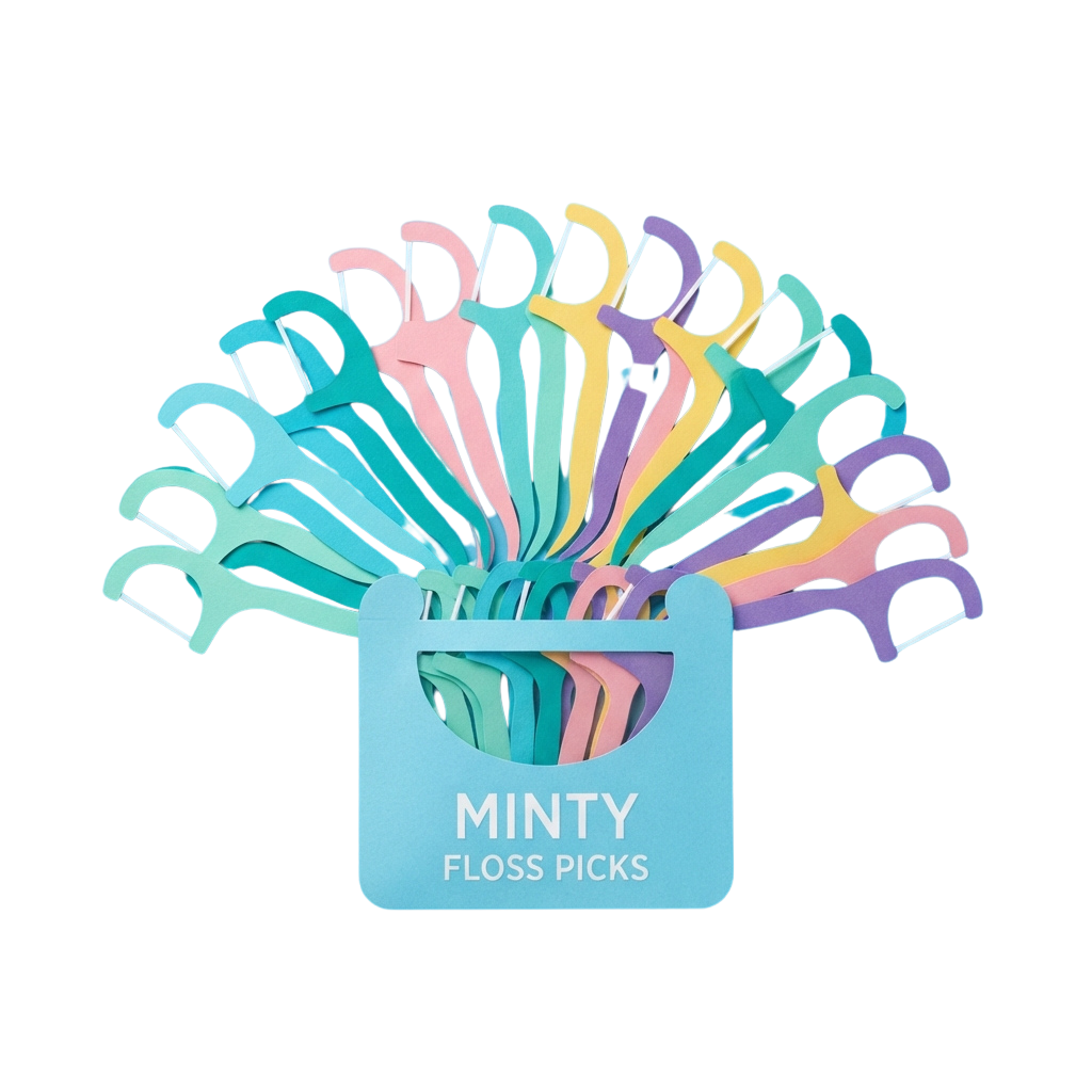 Illustration of colorful dental floss picks fanning out from a minty blue container labeled Floss Picks