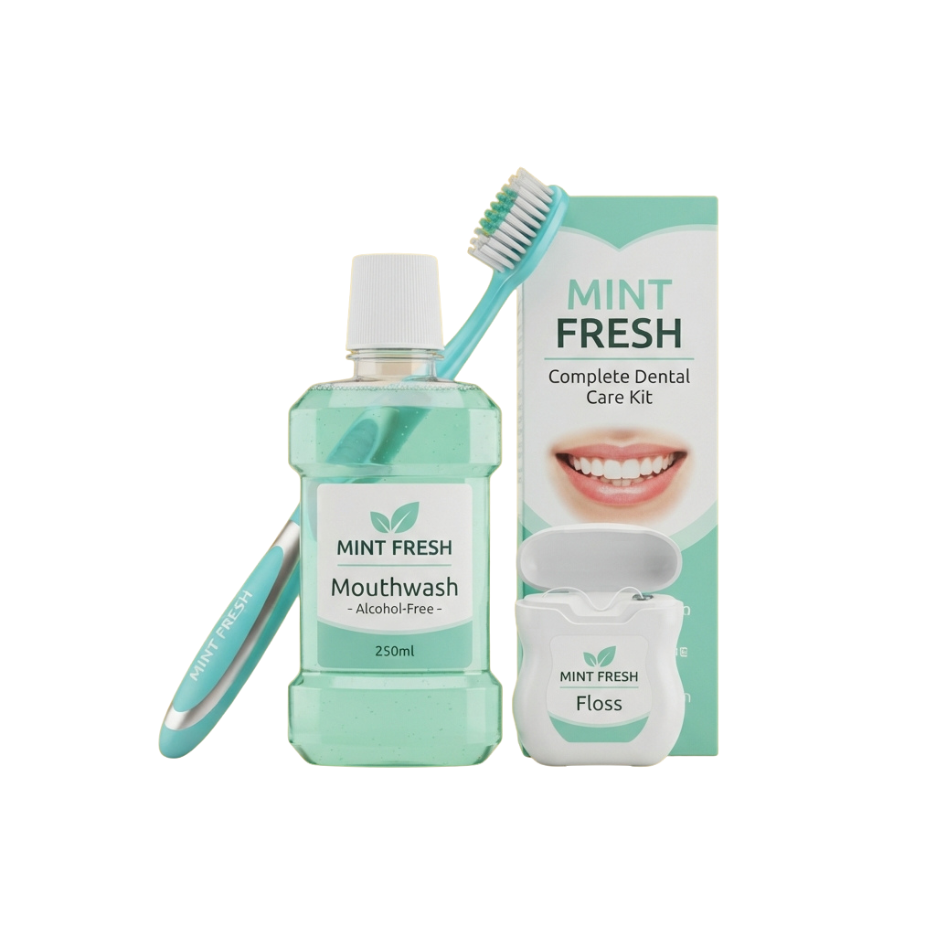 A dental care kit containing a toothbrush, mouthwash bottle, and dental floss container.