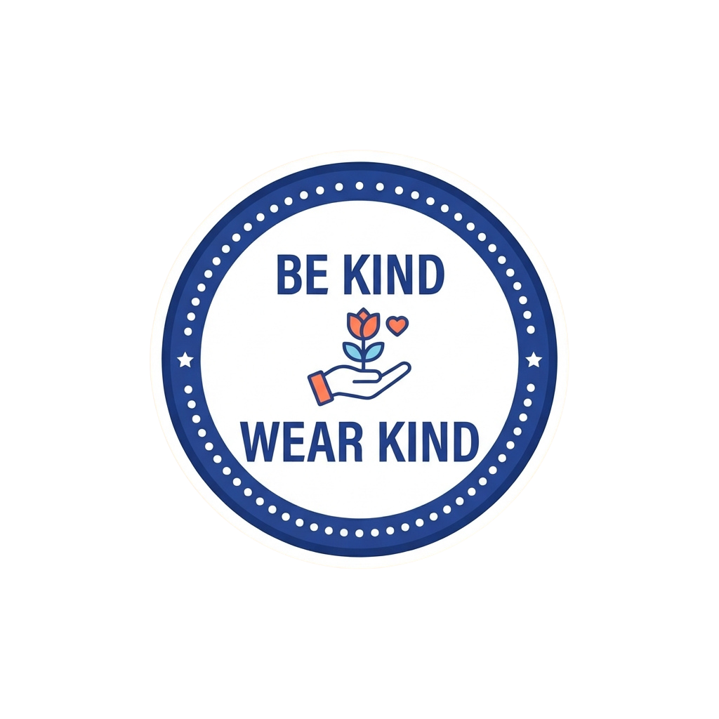 Round badge with blue border and white background showing a hand holding a flower with a heart, text reads Be Kind Wear Kind