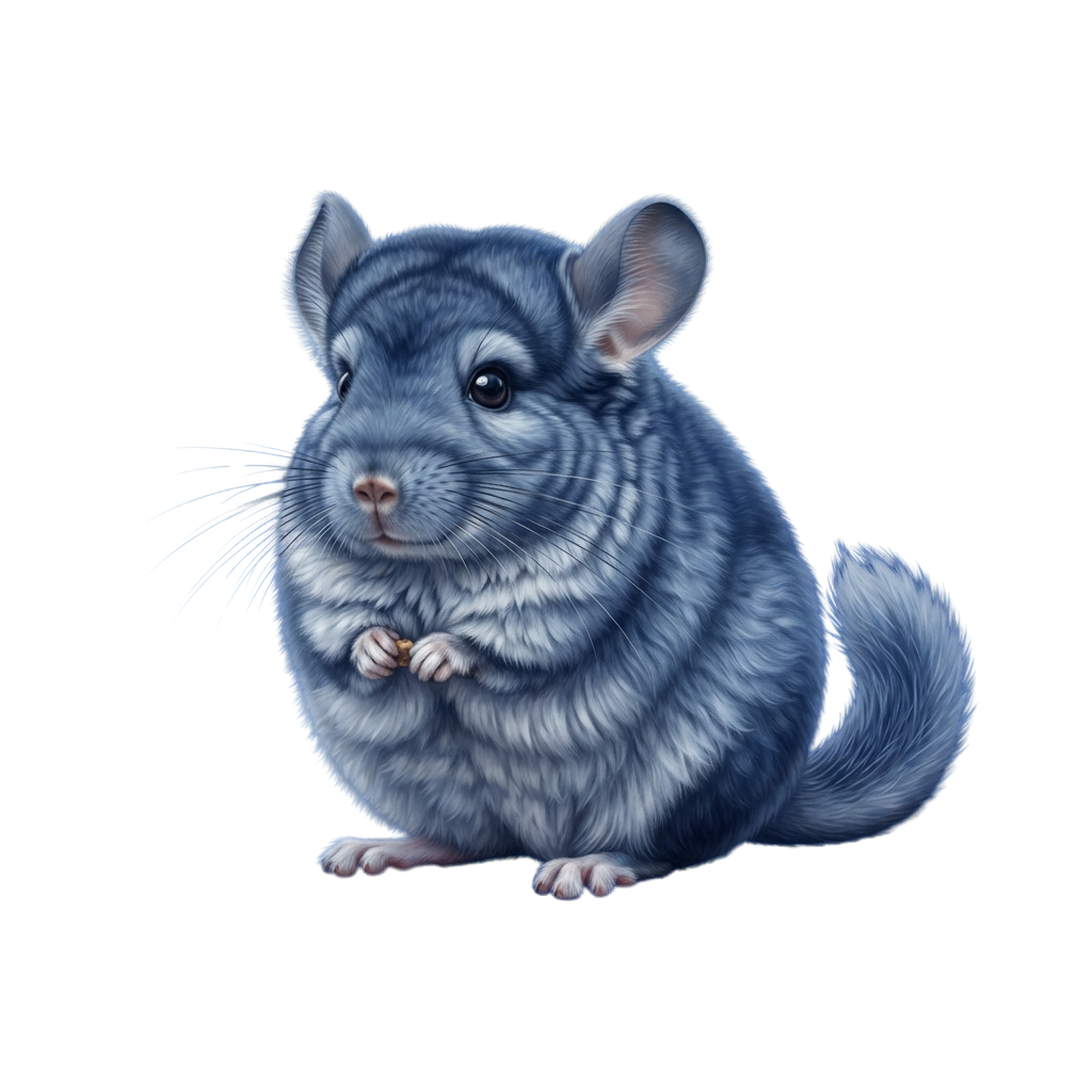 A cute gray chinchilla sitting and holding a small object in its front paws