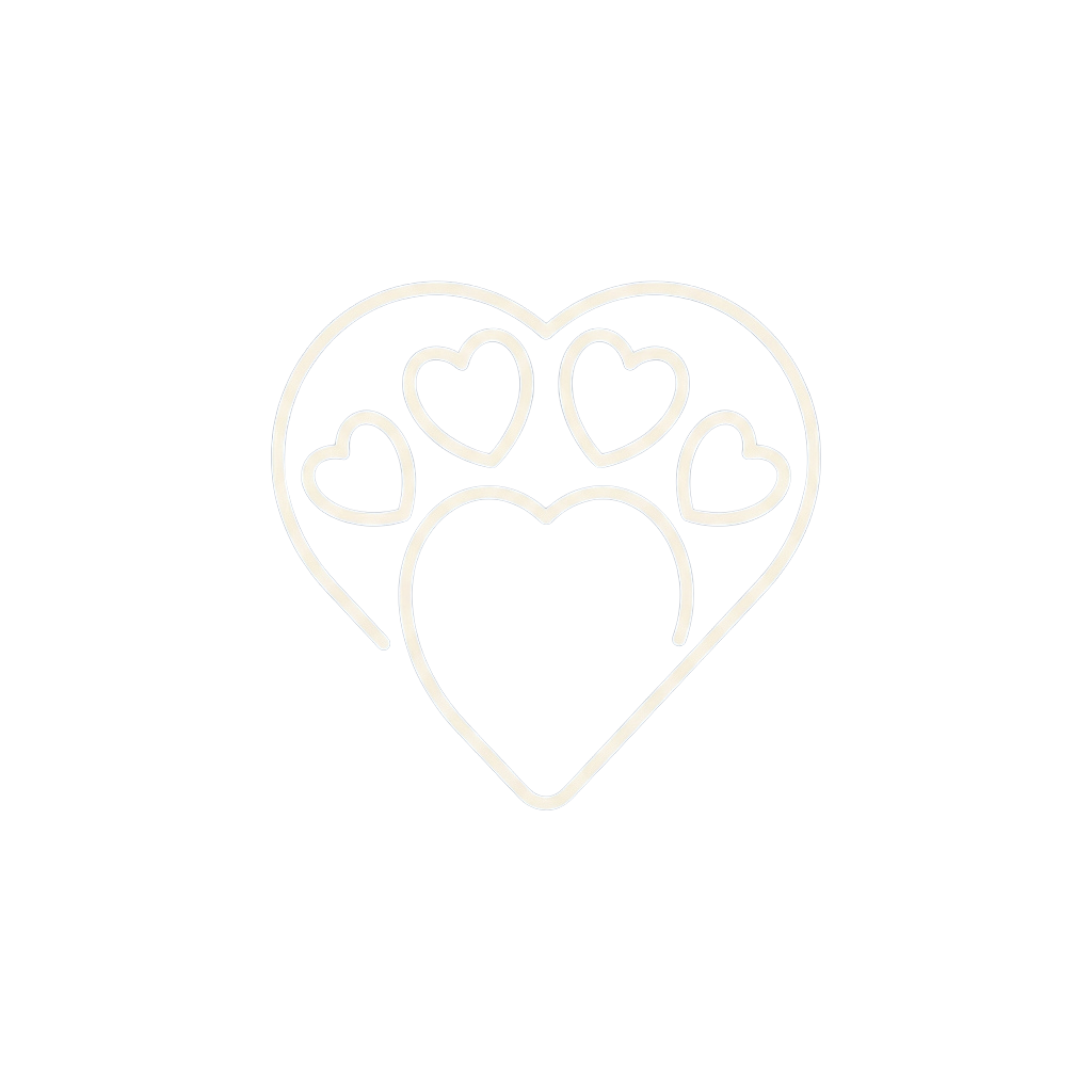 A white heart shape with paw print details and smaller hearts inside, on a black background