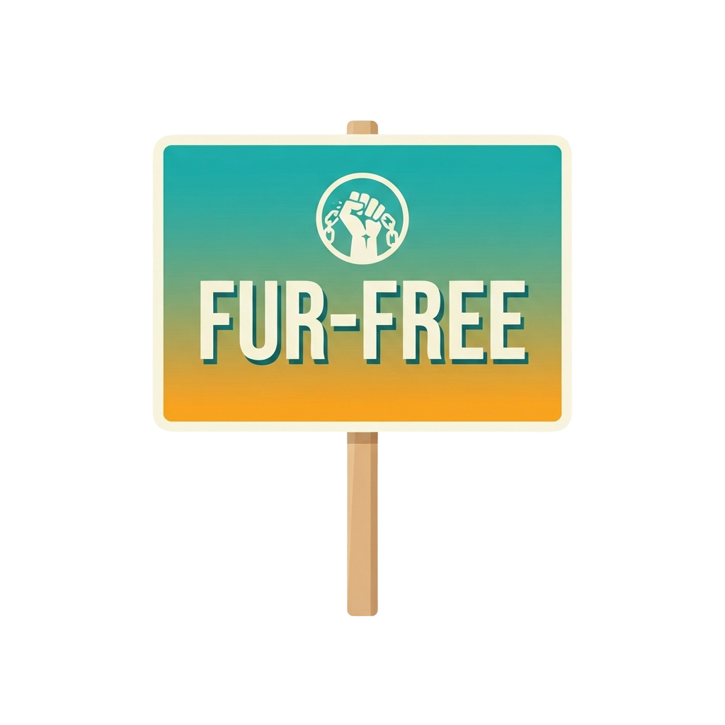 White sign with blue and yellow gradient background displaying the text Fur-Free and a fist icon inside a circle