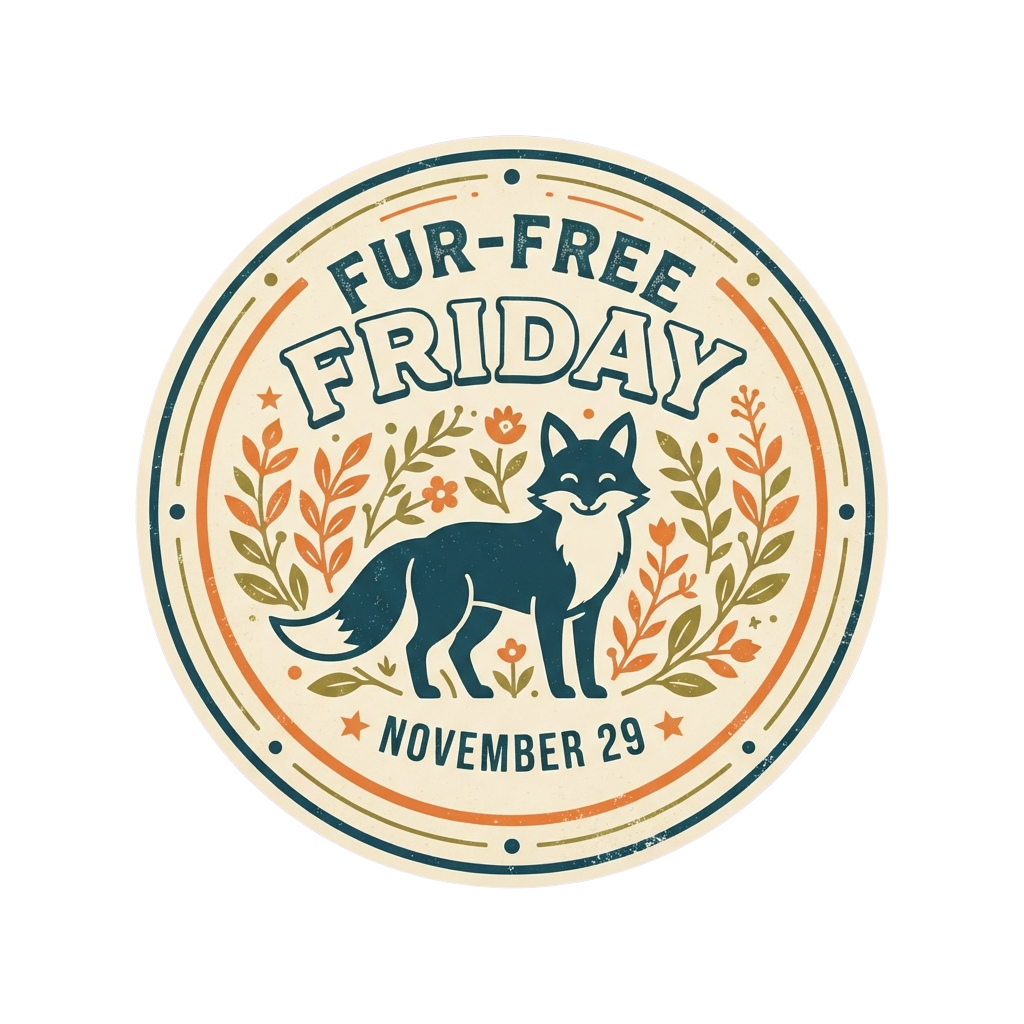 Illustration of a fox surrounded by autumn leaves and flowers with the text Fur-Free Friday November 29