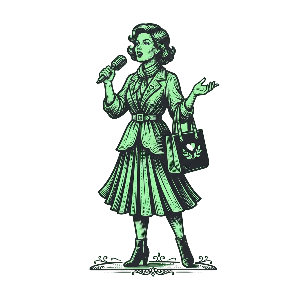 Retro illustration of a woman holding a microphone and a purse, dressed in a 1950s-style outfit
