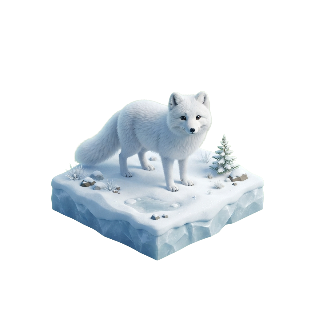 A white arctic fox standing on a snowy ice platform with small trees and rocks