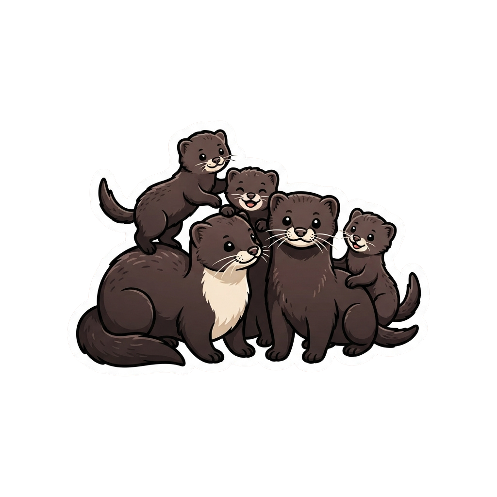 Five cartoon otters sitting together in a group, smiling and hugging.