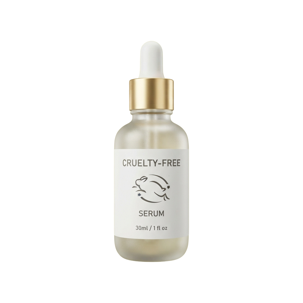 A dropper bottle labeled cruelty-free serum with a gold cap, containing 30ml of liquid