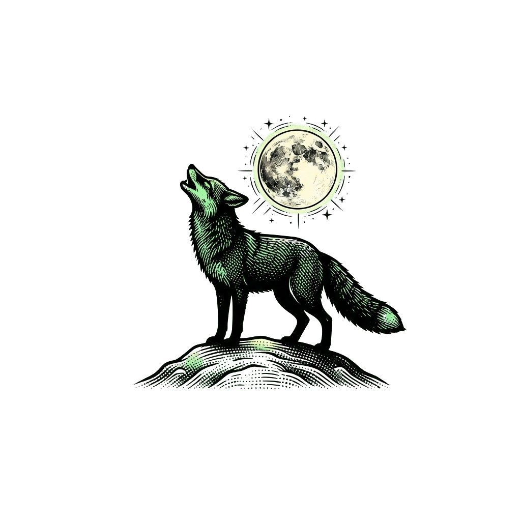 A stylized fox howling at a glowing green moon in a dark night scene.