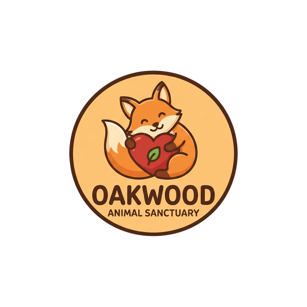 A friendly cartoon fox holding a red apple, representing Oakwood Animal Sanctuary logo