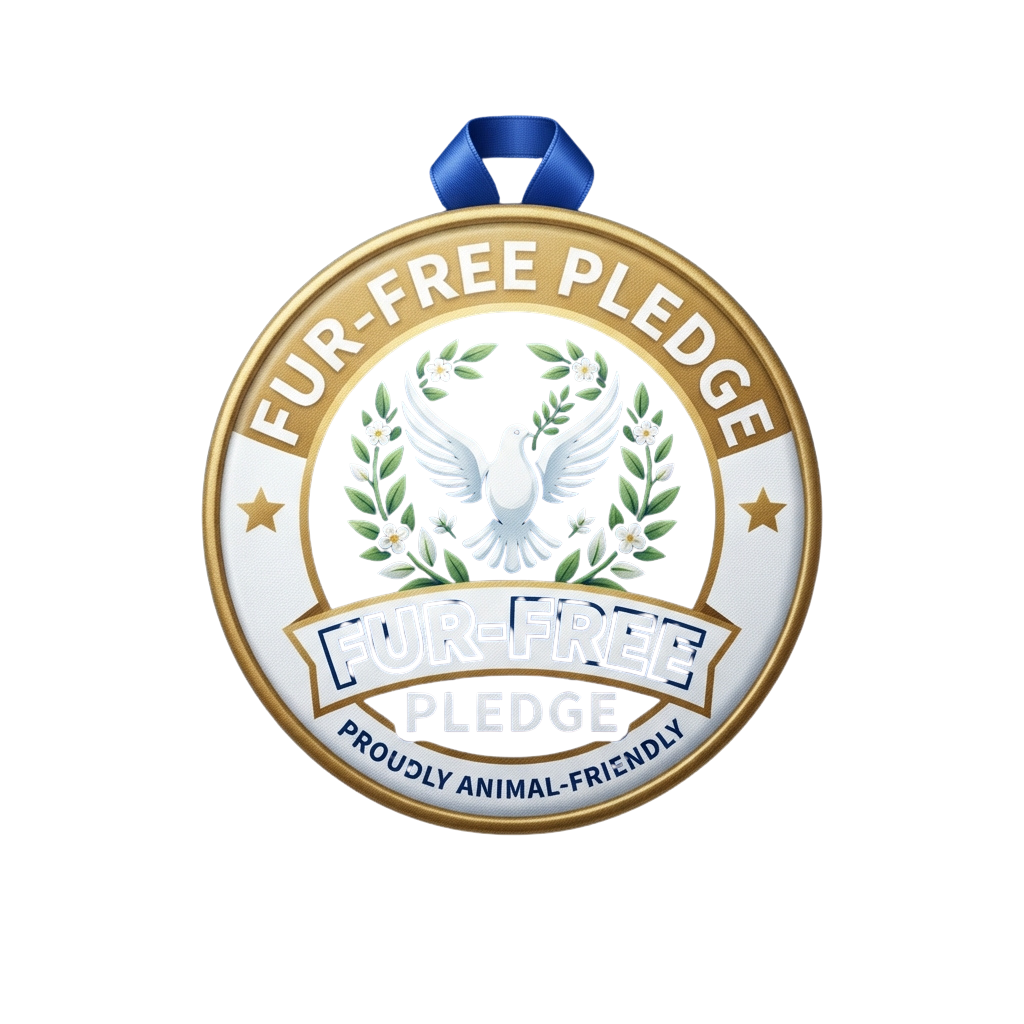 Gold and white fur-free pledge badge with a dove and laurel leaves, blue ribbon, and text proclaiming animal-friendly commitment