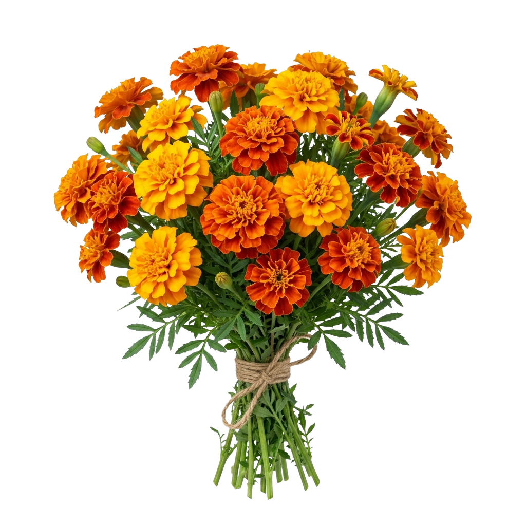 A bouquet of bright orange marigold flowers tied with twine and green leaves