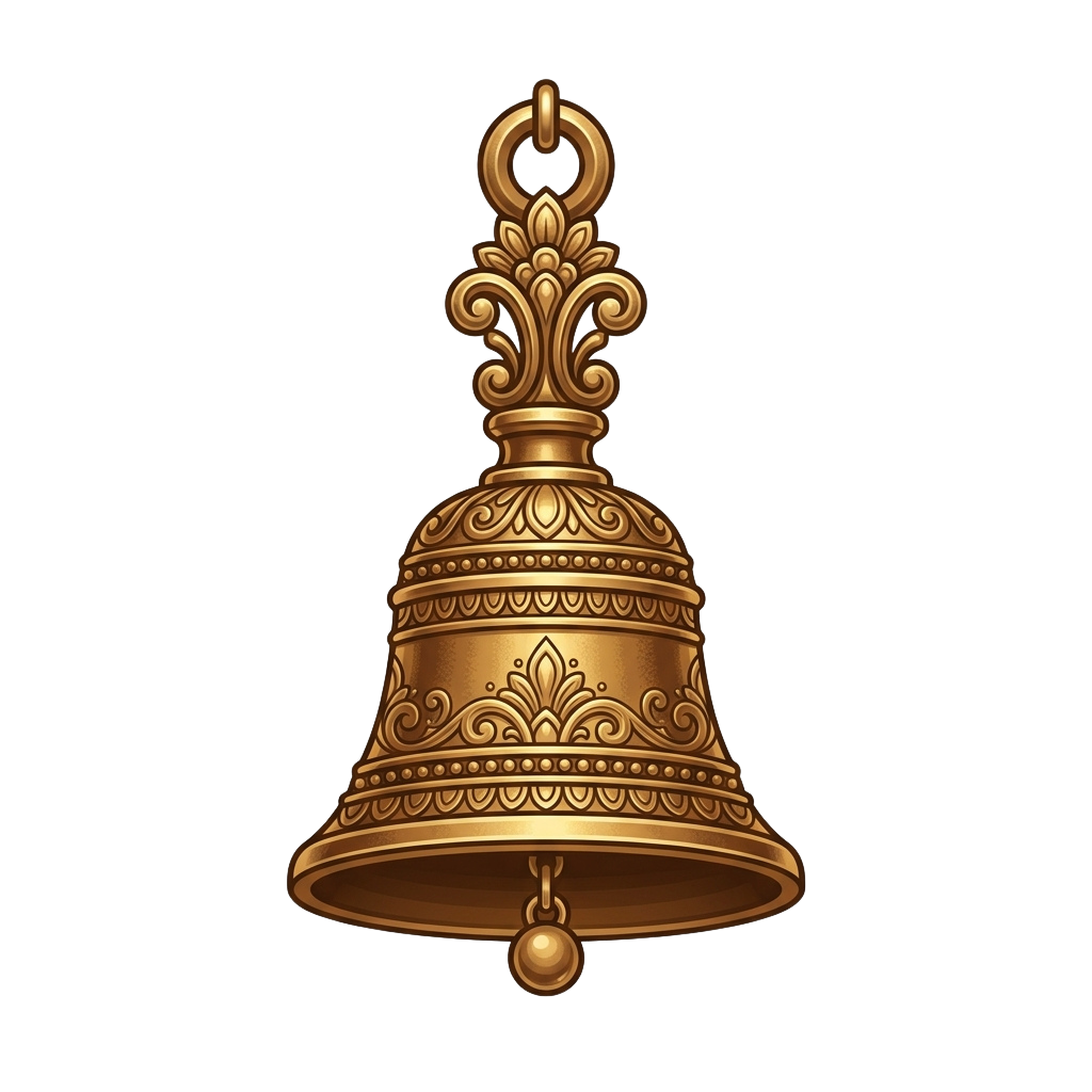 A detailed gold-colored metal bell with ornate carvings and a decorative top loop
