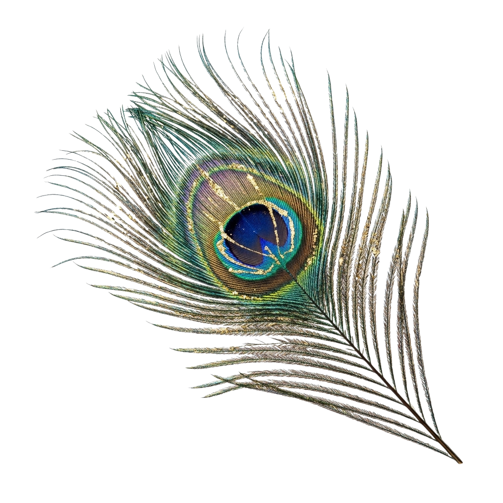 Close-up of a peacock feather showcasing its iridescent blue, green, and gold hues