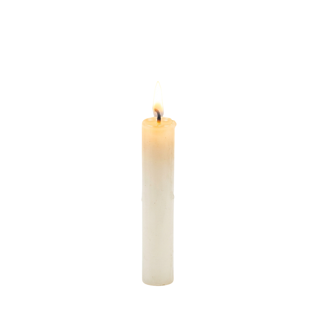 A single lit white candle with a small flame burning at the top