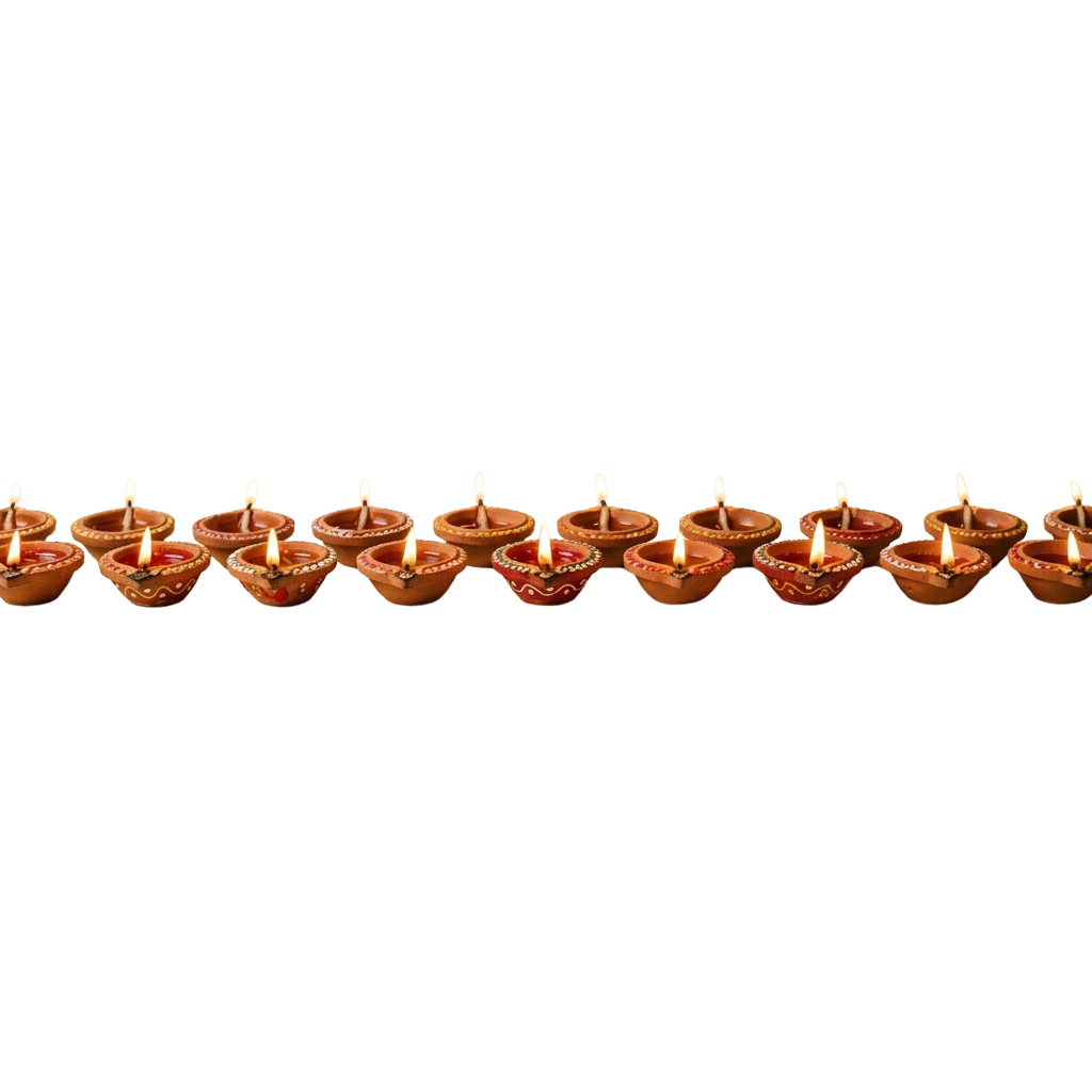 A row of small clay diya lamps with lit wicks arranged in a straight line
