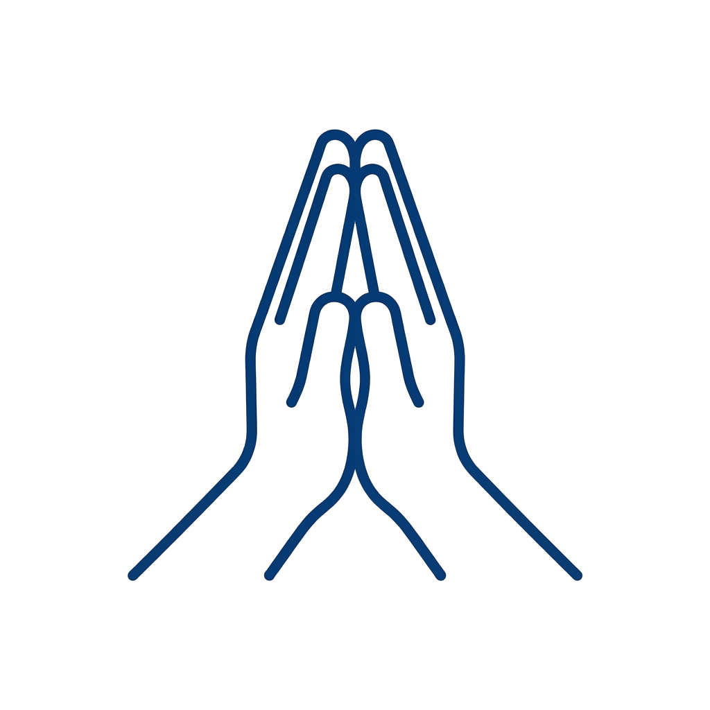 Two hands clasped together in a prayer position, minimalist blue line art on black background