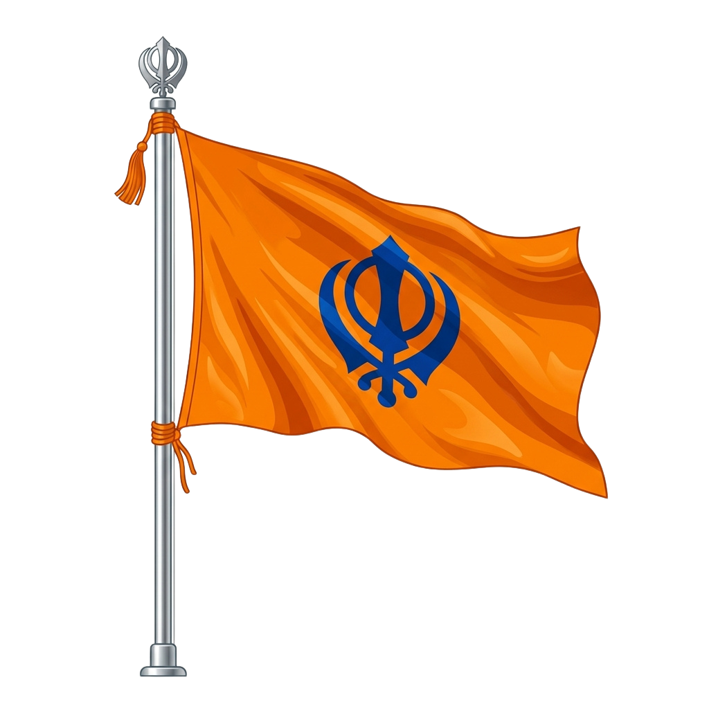 Orange flag with a blue triple-edged sword symbol, waving on a pole with a decorative finial