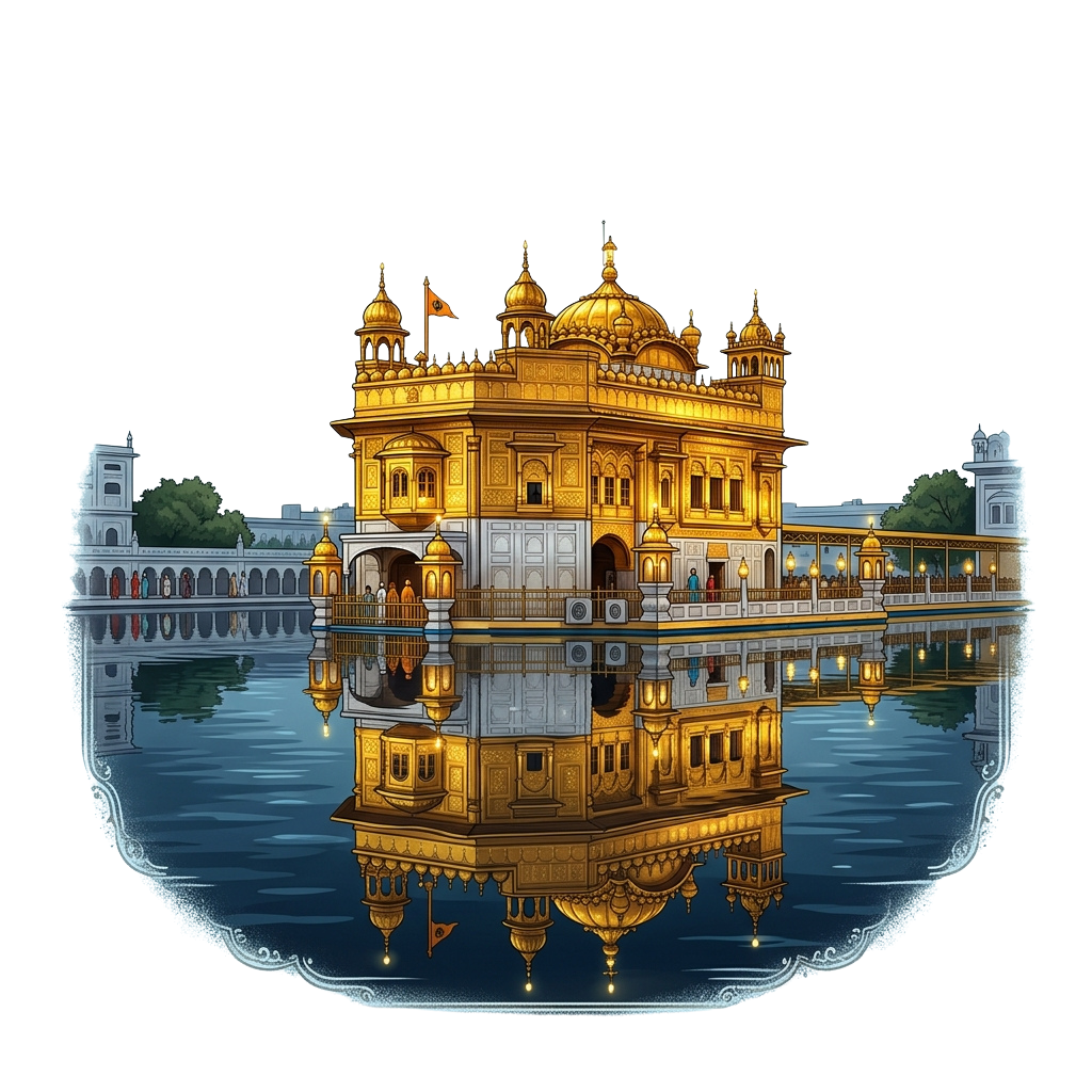 Illustration of a beautifully illuminated golden temple with domes and arches reflected in calm water at night
