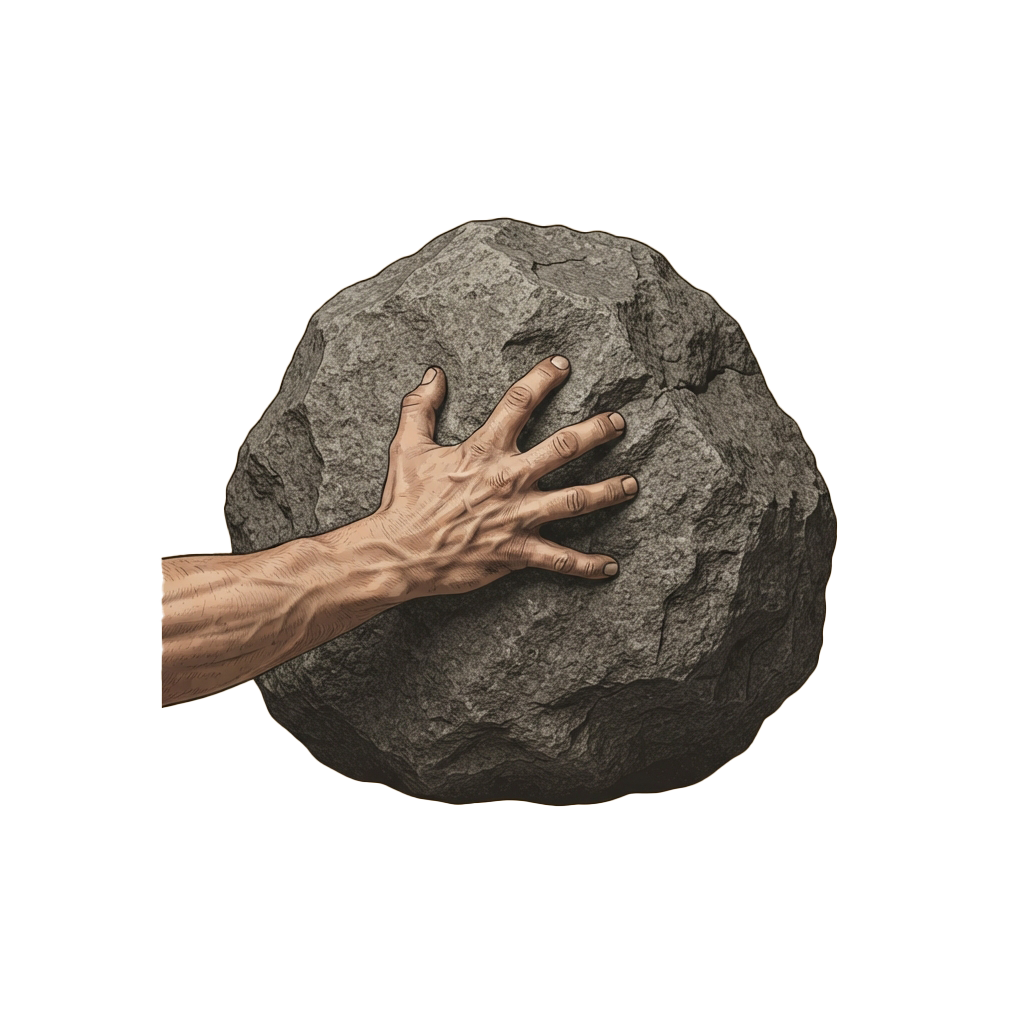 A hand gripping the surface of a large, rough, dark grey rock.